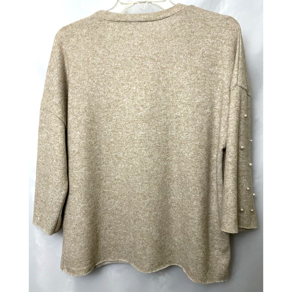 Zara Sweater Jumper Womens Small Beige Pearl Beads 3/4 Sleeve Crew Neck - Picture 2 of 6